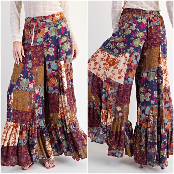 Easel Floral Print Patchwork Stretchy Waist Ruffle Hem Wide leg Pants - Picture 2 of 3